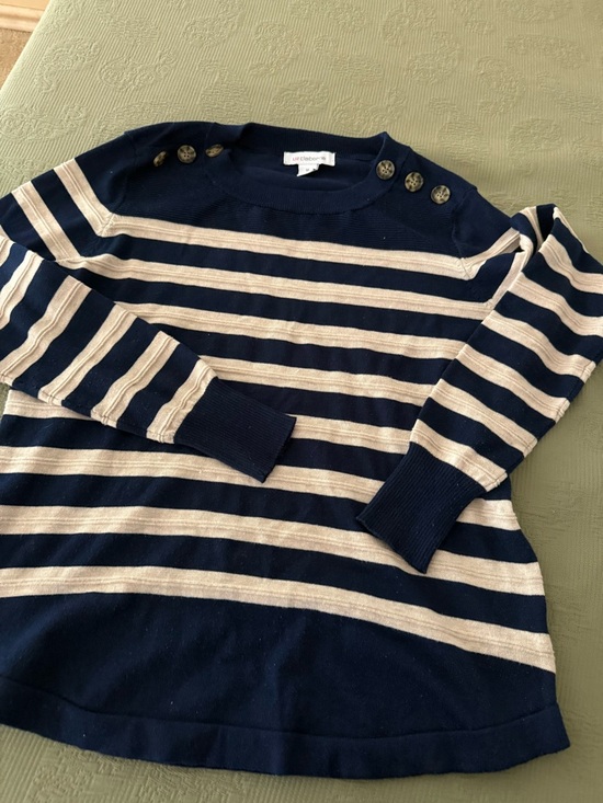 Liz Claiborne Tops - Liz Claiborne Navy and Cream Striped Button-Shoulder Sweater